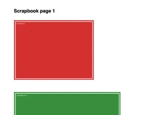 Eine Seite im Scrapbook-Stil in der Vorschau mit zwei großen Bildern darauf – einem roten Block mit der Aufschrift „RED 600x450“ und einem grünen