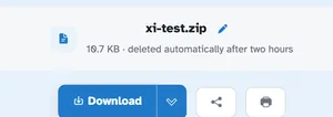 The ready page showing xi-test.zip — 10.7 KB, deleted automatically after 2 hours — above the Download button
